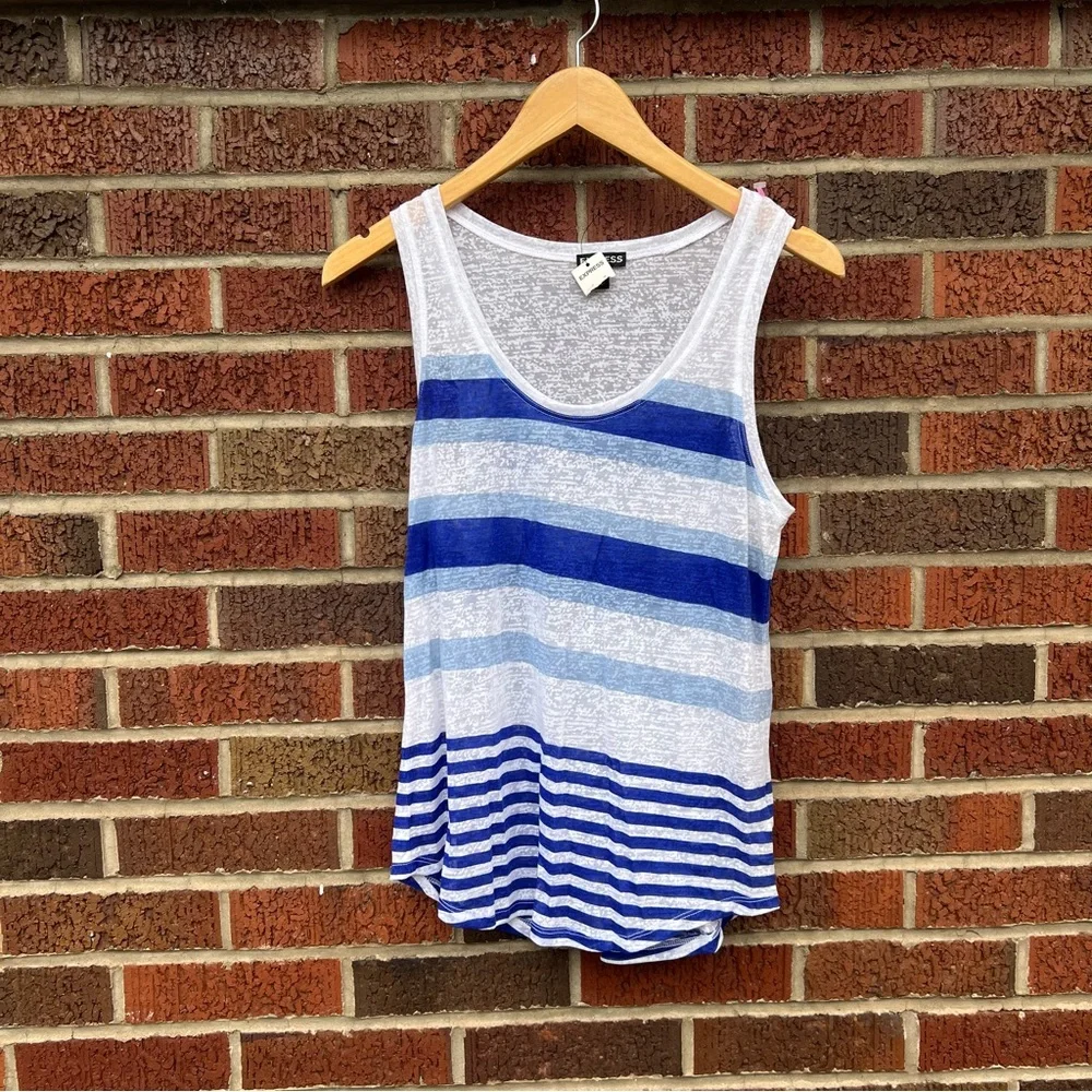 Express White Transparent and Blue Striped Scoop Neck Sleeveless Tank Top